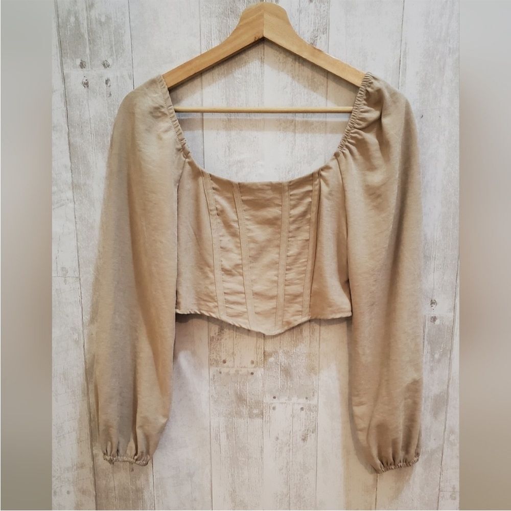 KIRIOUS Tan Cream Puff Sleeve Crop Top Blouse Bustier XS‎